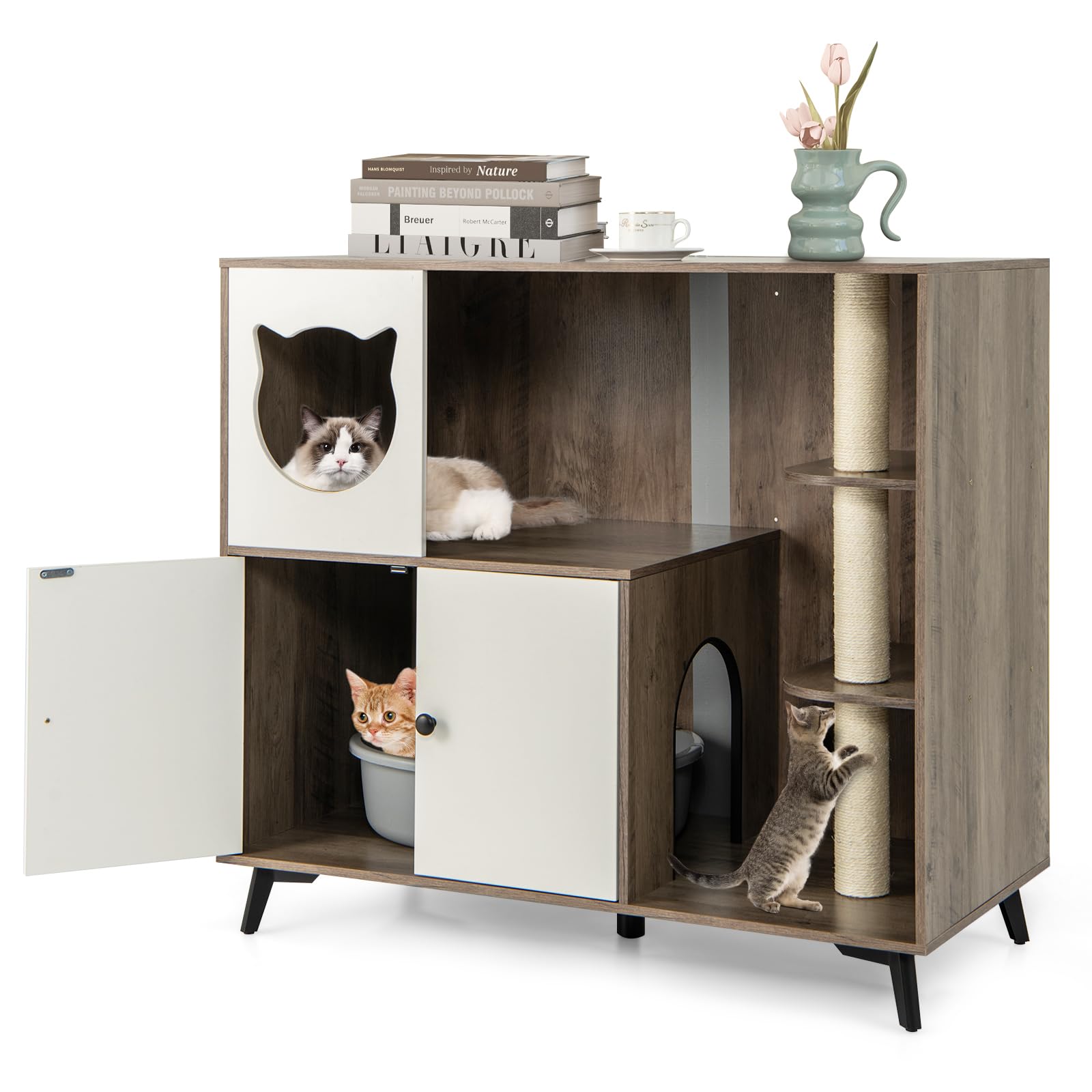 Tangkula Cat Litter Box Enclosure, 5-in-1 Enlarged Hidden Litter Box Furniture with Cat Condo